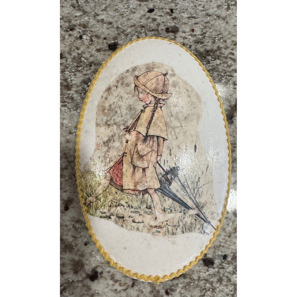 Vintage Decoupage Wall Plaque Girl in Raincoat Ric Rac Trim Oval 6 Inch
